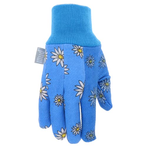 MUD Basic Women's PVC Dotted Palm And Daisy Printed Jersey Garden Glove, Extreme Comfort, Excellent Grip, Durable Wear, Blue, Medium/Large (M61001B-WML),MD61001B-WML