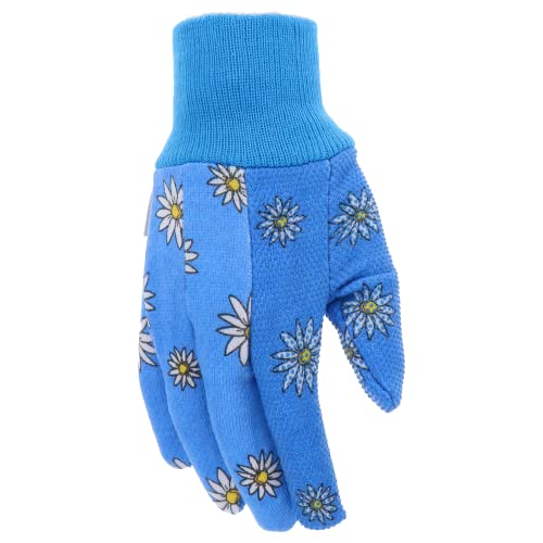 MUD Basic Women's PVC Dotted Palm And Daisy Printed Jersey Garden Glove, Extreme Comfort, Excellent Grip, Durable Wear, Blue, Medium/Large (M61001B-WML),MD61001B-WML