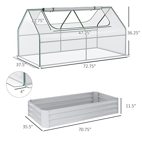 Outsunny Galvanized Raised Garden Bed with Mini Greenhouse Cover, Outdoor Metal Planter Box with 2 Roll-Up Windows for Growing Flowers, Fruits, Vegetables, and Herbs, 73" x 38" x 36", Clear