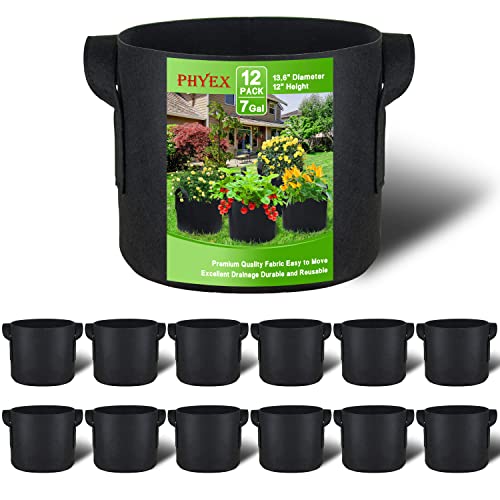 PHYEX 12-Pack 7 Gallon Nonwoven Grow Bags, Aeration Fabric Pots with Durable Handles, Come with 12 Pcs Plant Labels