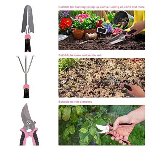 Whonline Pink Garden Tool Set for Women, 31Pcs Succulent Gardening Tool Kit, Heavy Duty Stainless Steel Aluminum Non-Slip Ergonomic Handle Tools Durable Storage Tote Bag Gardening Gifts