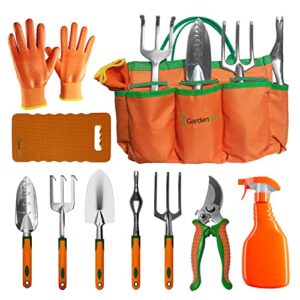 gardening hand tool set, 10 pack stainless steel kit with tote bag, planting accessories, and lawn care tools – for men and women gardeners – for outdoor garden works and yard planting by gardenwerx
