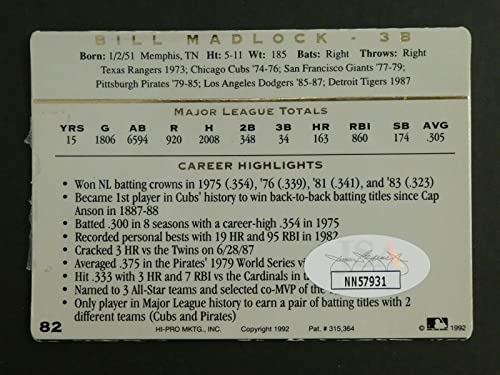 Bill Madlock Signed Baseball Card with JSA COA