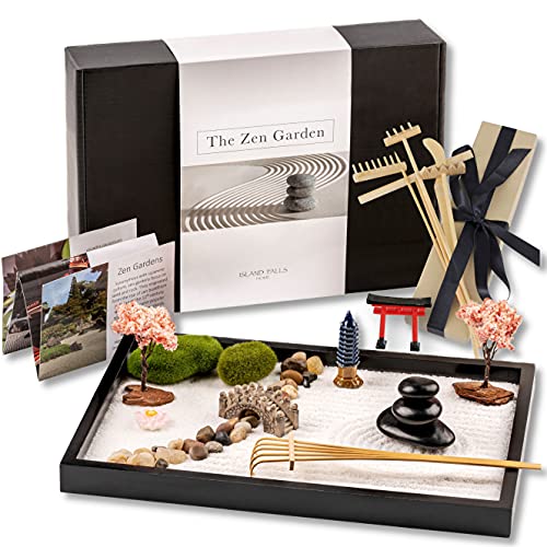 Island Falls Home Zen Garden Kit 11x8in Beautiful Premium Japanese Mini Rock Garden Gift Set. Home, Office Desk Accessories. Zen Sand Garden, 6 Tools, 15 Features. Desktop Meditation Room Decor Tray