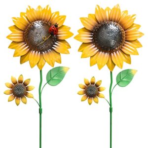 hogardeck metal sunflowers decorative garden stakes, 26″ outdoor garden decor 9″ flower shaking head yard stakes, spring yard art fairy decorations for lawn patio, 2 pack
