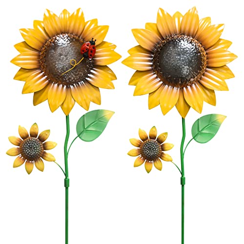 hogardeck Metal Sunflowers Decorative Garden Stakes, 26" Outdoor Garden Decor 9" Flower Shaking Head Yard Stakes, Spring Yard Art Fairy Decorations for Lawn Patio, 2 Pack