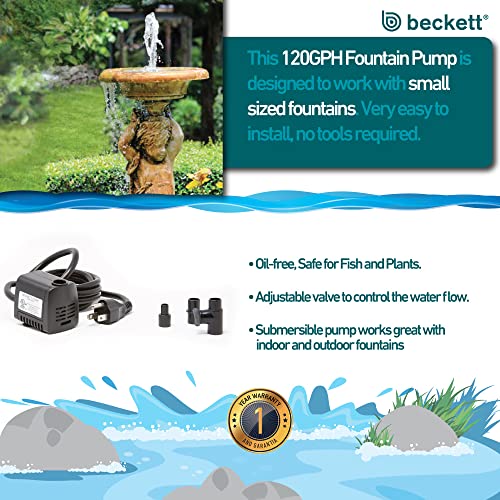 Beckett Corporation M90AUL 7206410 120 GPH Submersible Pump for Small Indoor/Outdoor Ponds, Water Gardens, Aquariums, and Waterfalls, 2' Max Fountain Height, Black