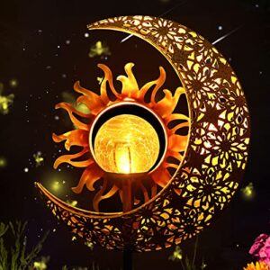 licklip garden solar lights outdoor decorative, sun & moon crackle glass globe metal stake light, waterproof warm white led light, decorations for pathway lawn patio courtyard backyard (1 pack)