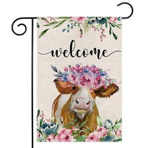 Spring Welcome Cow with Flowers Garden Flag for Outdoor Small Yard Flag for Outside Seasonal Decor for Summer Farmhouse Holiday 12x18 Inch Double Sided