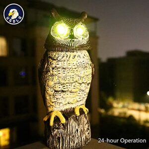 Ugold Solar Powered Owl with Detection, Silent Mode, Flashing Eyes, Rotatable Head and Realistic Hoots, Plastic Owl Decoration for Home, Garden, Patio and Fence