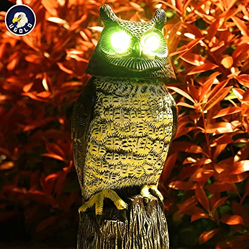 Ugold Solar Powered Owl with Detection, Silent Mode, Flashing Eyes, Rotatable Head and Realistic Hoots, Plastic Owl Decoration for Home, Garden, Patio and Fence