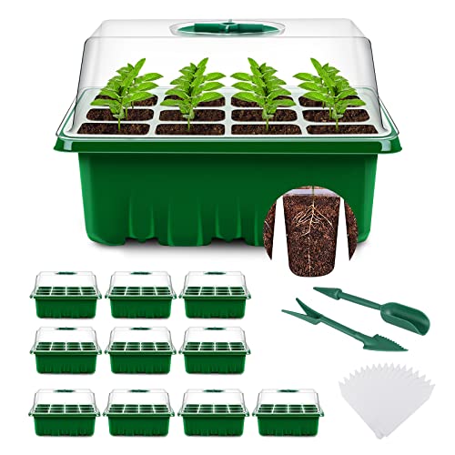 YAUNGEL Seed Starter Tray, 10 Pack 120 Cells Thicken Seed Starting Trays Kit with Humidity Dome/Clear Lids Growing Trays for Greenhouse & Gardens, Green