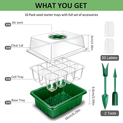 YAUNGEL Seed Starter Tray, 10 Pack 120 Cells Thicken Seed Starting Trays Kit with Humidity Dome/Clear Lids Growing Trays for Greenhouse & Gardens, Green