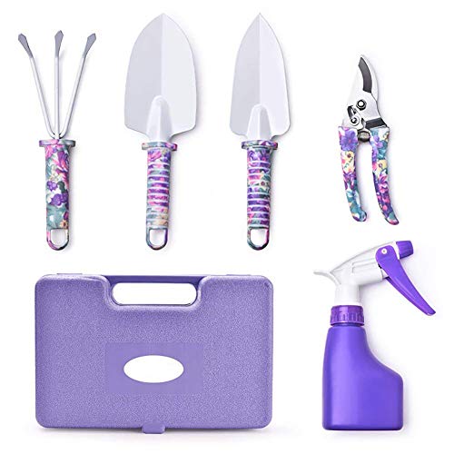 Garden Tool Set, Potable Durable Gardening Planting Tools Gift Kit with Non-Slip Rubber Grip, Including Anti-Rust Trowel, Cultivator, Pruning Shear, Water Sprayer and Case, Great Gift（5 Piece）