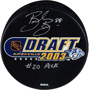 brent burns san jose sharks autographed 2003 nhl draft logo hockey puck with “#20 pick” inscription – autographed nhl pucks