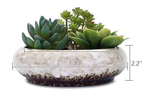 VanEnjoy 7.3 inch Round Large Shallow Succulent Ceramic Glazed Planter Pots with Drainage Hole, Bonsai Pots Garden Decorative Cactus Stand Flower Container (White)