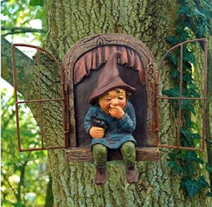 vomiceak garden gnome statue, elf out the door tree hugger -5.9 inch, funny garden tree decoration, patio yard lawn porch decoration