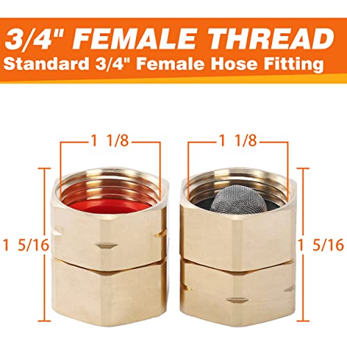 JOEJET Female to Female Hose Adapter with Swivel-3/4 Inch Brass Garden Hose Adapter for Pressure Washer to Garden Hose-2 Pack Garden Hose Fittings-with 4 Extra Washers and 1 Filter