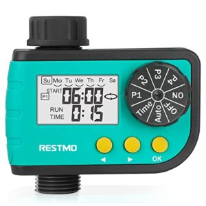 restmo water timer, 7 day programmable sprinkler timer, digital hose timer with 4 separate program, ideal for garden lawn & outdoor plant watering and drip irrigation system, automatic/manual control