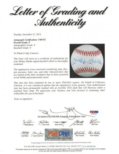 Mickey Mantle Signed American League Baseball PSA DNA Auto Graded MINT 9 - Autographed Baseballs