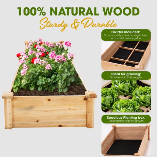 Idzo Raised Garden Bed, Durable Garden Box with Wax Oil Coated, 96 Inches Wood Planter with Non-Woven Lining Prevents Soil Moist, One Divider Box Make Organizing Your Plant Crops Easier