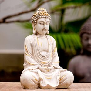 goodeco 11.4 meditating zen buddha statue figurine sculpture – indoor/outdoor decor for home,garden,with natural wood beaded necklace,polyresin (white gold)