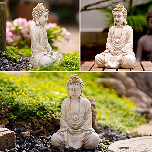 Goodeco 11.4 Meditating Zen Buddha Statue Figurine Sculpture - Indoor/Outdoor Decor for Home,Garden,with Natural Wood Beaded Necklace,Polyresin (White Gold)