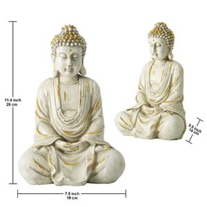 Goodeco 11.4 Meditating Zen Buddha Statue Figurine Sculpture - Indoor/Outdoor Decor for Home,Garden,with Natural Wood Beaded Necklace,Polyresin (White Gold)