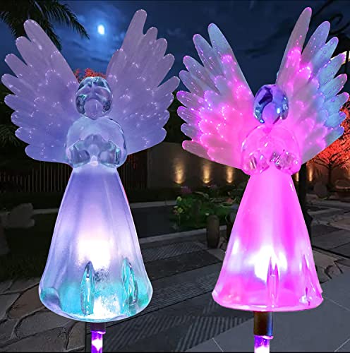 Outdoor Solar Garden Light,XFF 2 Pack Solar Angel Light,Multi-Color Changing LED Stake Light Fiber Optic for Cemetery Grave Yard Patio Outdoor Decoration,Memorial Remembrance Gifts (DY_Tianshideng)