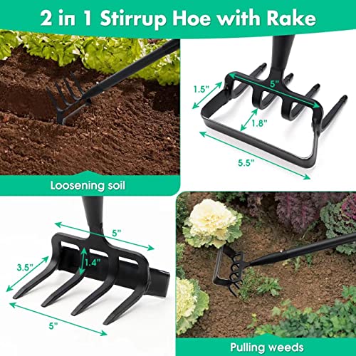 Stirrup Hoe and Cultivator for Weeding, 2 in 1 Heavy Duty Action Hoe with 62 Inch Adjustable Handle Scuffle Garden Hula Hoe with Rake, Metal Weeding Loop Stirrup Hoe for Weed Puller and Loosening Soil