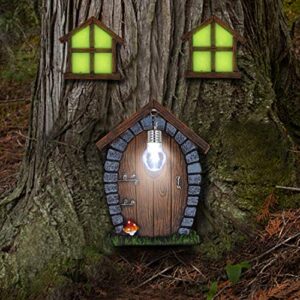juegoal fairy gnome home miniature window and door with litter lamp for trees decoration, glow in dark fairies sleeping door and windows, yard art garden sculpture, lawn ornament décor