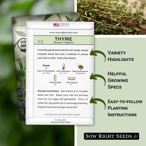 Sow Right Seeds - Thyme Seed for Planting - All Non-GMO Heirloom Thyme Seeds with Full Instructions for Easy Planting and Growing Your Kitchen Herb Garden, Indoor or Outdoor; Great Gift