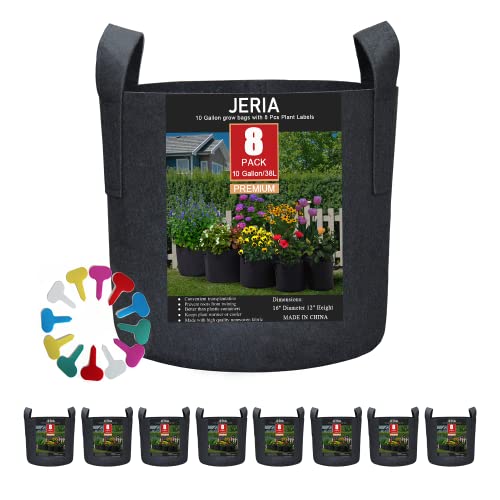 JERIA 8-Pack 10 Gallon Grow Bags, Aeration Fabric Pots with Handles, Heavy Duty Thickened Nonwoven Grow Pots with 8 Pcs Plant Labels