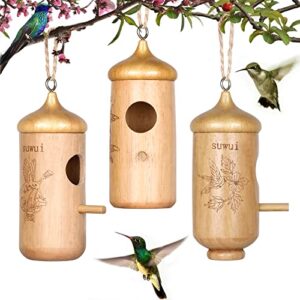 hummingbird house for outside, wooden hummingbird houses for nesting, natural humming bird nests for outdoors hanging, decoration gifts for home garden backyard,3 pack