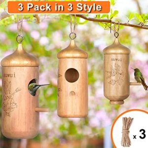 Hummingbird House for Outside, Wooden Hummingbird Houses for Nesting, Natural Humming Bird Nests for Outdoors Hanging, Decoration Gifts for Home Garden Backyard,3 Pack