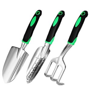 garden tool set, gardening trowels garden shovels and hand rake cultivator 3 piece gardening gifts heavy duty outdoor tools with non-slip handle, gardening tools for planting digging
