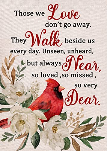 Furiaz Those We Love Don't Go Away Cardinal Spring Small Decorative Inspirational Garden Flag, Summer Red Bird Yard Gardenia Outside Memorial Faith Grave Decorations, Fall Outdoor Decor 12 x 18