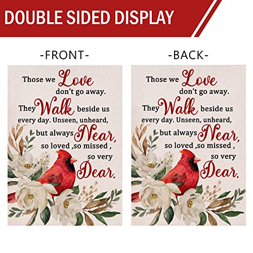 Furiaz Those We Love Don't Go Away Cardinal Spring Small Decorative Inspirational Garden Flag, Summer Red Bird Yard Gardenia Outside Memorial Faith Grave Decorations, Fall Outdoor Decor 12 x 18