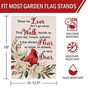 Furiaz Those We Love Don't Go Away Cardinal Spring Small Decorative Inspirational Garden Flag, Summer Red Bird Yard Gardenia Outside Memorial Faith Grave Decorations, Fall Outdoor Decor 12 x 18