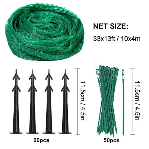 Garden Netting Anti Bird Protection Net 4M x 10M / 13Ft x 33Ft Green Garden Plant Netting Fruit Trees Netting with 20 Tacks and 50 Ties