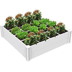 Kdgarden Raised Garden Bed Kit 4'x4' Outdoor Above Ground Planter Box for Growing Vegetables Flowers Herbs, DIY Gardening, Whelping Pen and More, Screwless White Vinyl Garden Bed with Grid