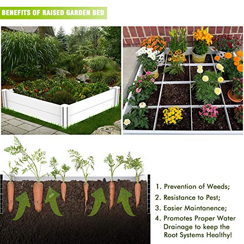 Kdgarden Raised Garden Bed Kit 4'x4' Outdoor Above Ground Planter Box for Growing Vegetables Flowers Herbs, DIY Gardening, Whelping Pen and More, Screwless White Vinyl Garden Bed with Grid