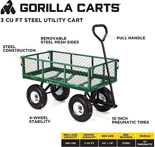 Gorilla Carts GOR400-COM Steel Garden Cart with Removable Sides, 400-lbs. Capacity, Green