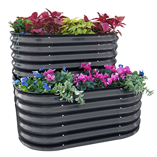 Vego garden Cascading Raised Garden Planter Box Outdoor Metal Galvanized Gardening Bed for Vegetables Herb & Flower, Modern Gray