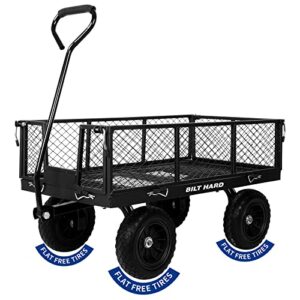 bilt hard 880 lbs 10″ flat free tires steel garden cart with 180° rotating handle and removable sides, 4 cu.ft capacity heavy duty garden carts and wagons