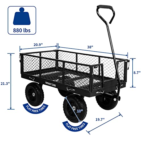 BILT HARD 880 lbs 10" Flat Free Tires Steel Garden Cart with 180° Rotating Handle and Removable Sides, 4 Cu.Ft Capacity Heavy Duty Garden Carts and Wagons