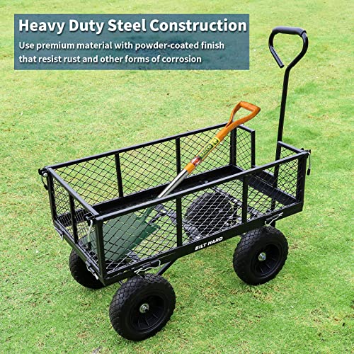 BILT HARD 880 lbs 10" Flat Free Tires Steel Garden Cart with 180° Rotating Handle and Removable Sides, 4 Cu.Ft Capacity Heavy Duty Garden Carts and Wagons