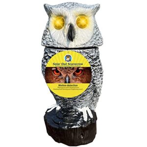owlery solar owl with flashing eyes, spinning head and realistic tweets, plastic owl decoration for home, garden, patio and fence