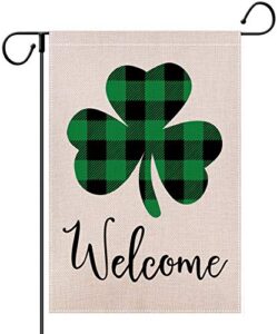 hugsvik burlap st. patrick’s day garden flag 12 x 18, rustic shamrock st. patrick’s decorations outdoor flag, double-sided lucky clovers welcome garden flag for st. patrick’s day summer yard garden