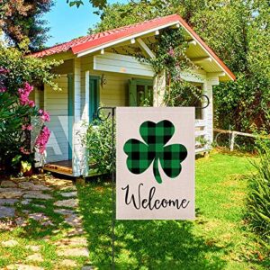 HUGSVIK Burlap St. Patrick's Day Garden Flag 12 x 18, Rustic Shamrock St. Patrick’s Decorations Outdoor Flag, Double-sided Lucky Clovers Welcome Garden Flag for St. Patrick’s Day Summer Yard Garden